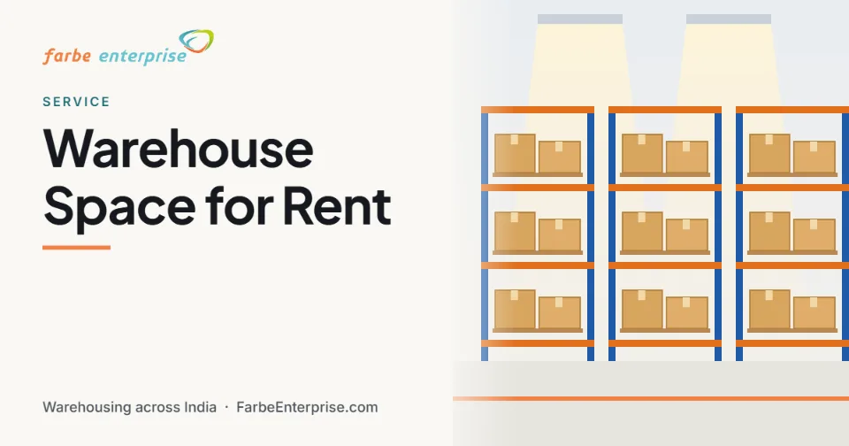 Warehouse Space for Rent: Farbe Enterprise card with an illustration of warehouse racking stocked with cartons